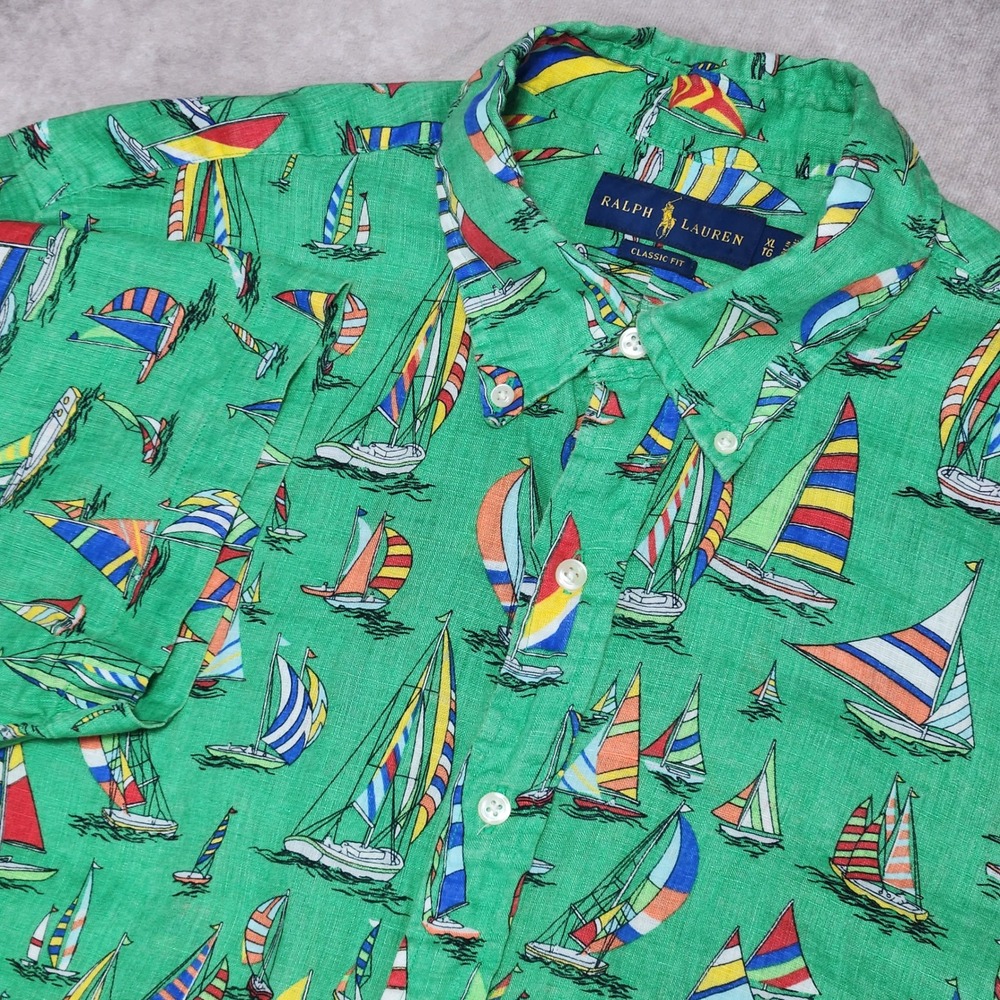 Ralph Lauren XL Classic Fit Linen Sailboat AOP Print Short Sleeve Shirt Green